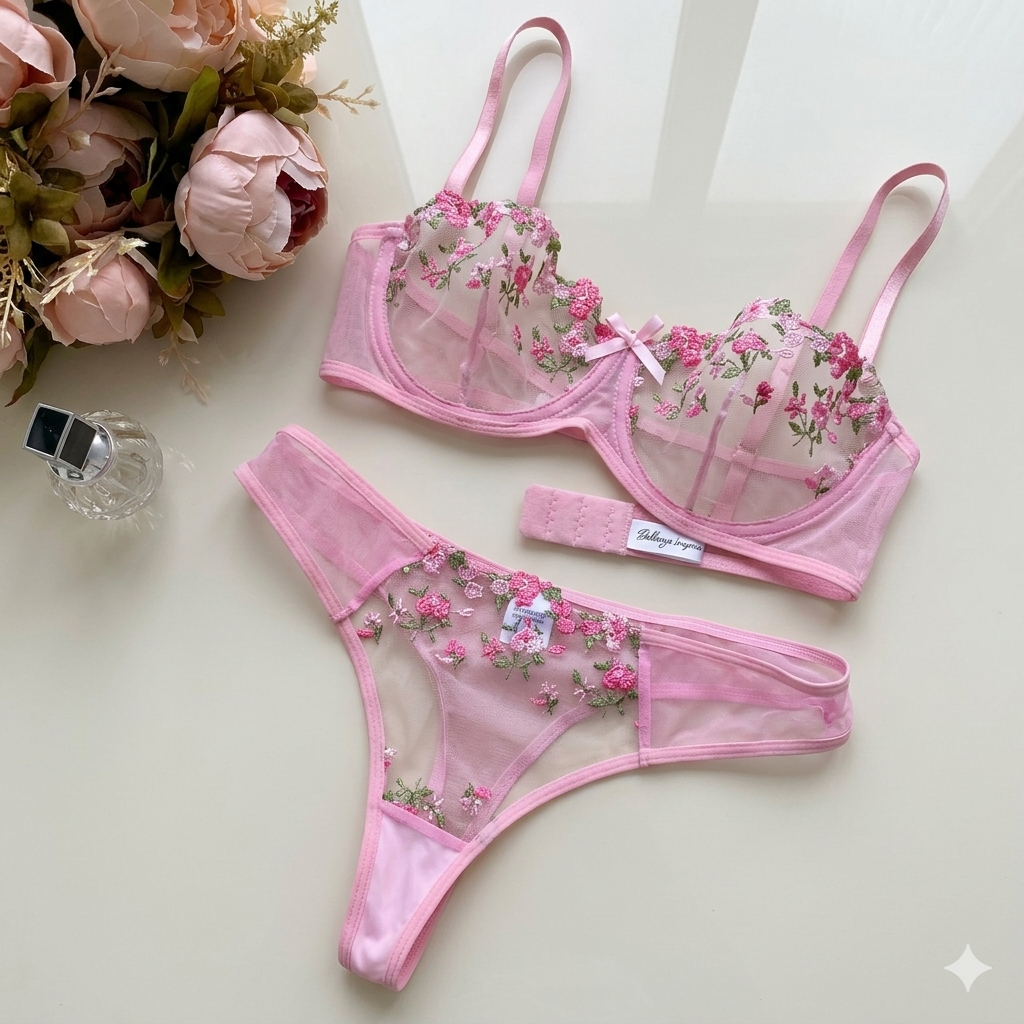 floral embroidered mesh lingerie set