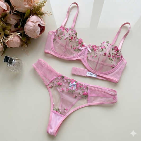 floral embroidered mesh lingerie set