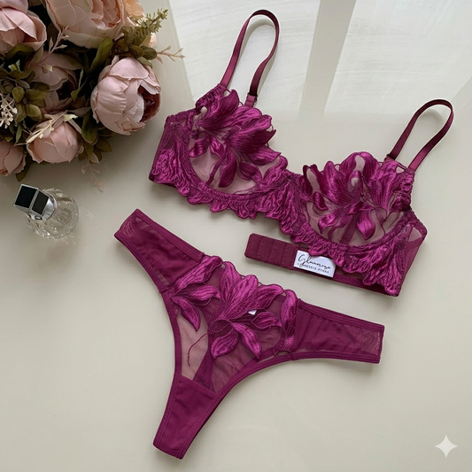 bold floral guipure embroidery lingerie set
