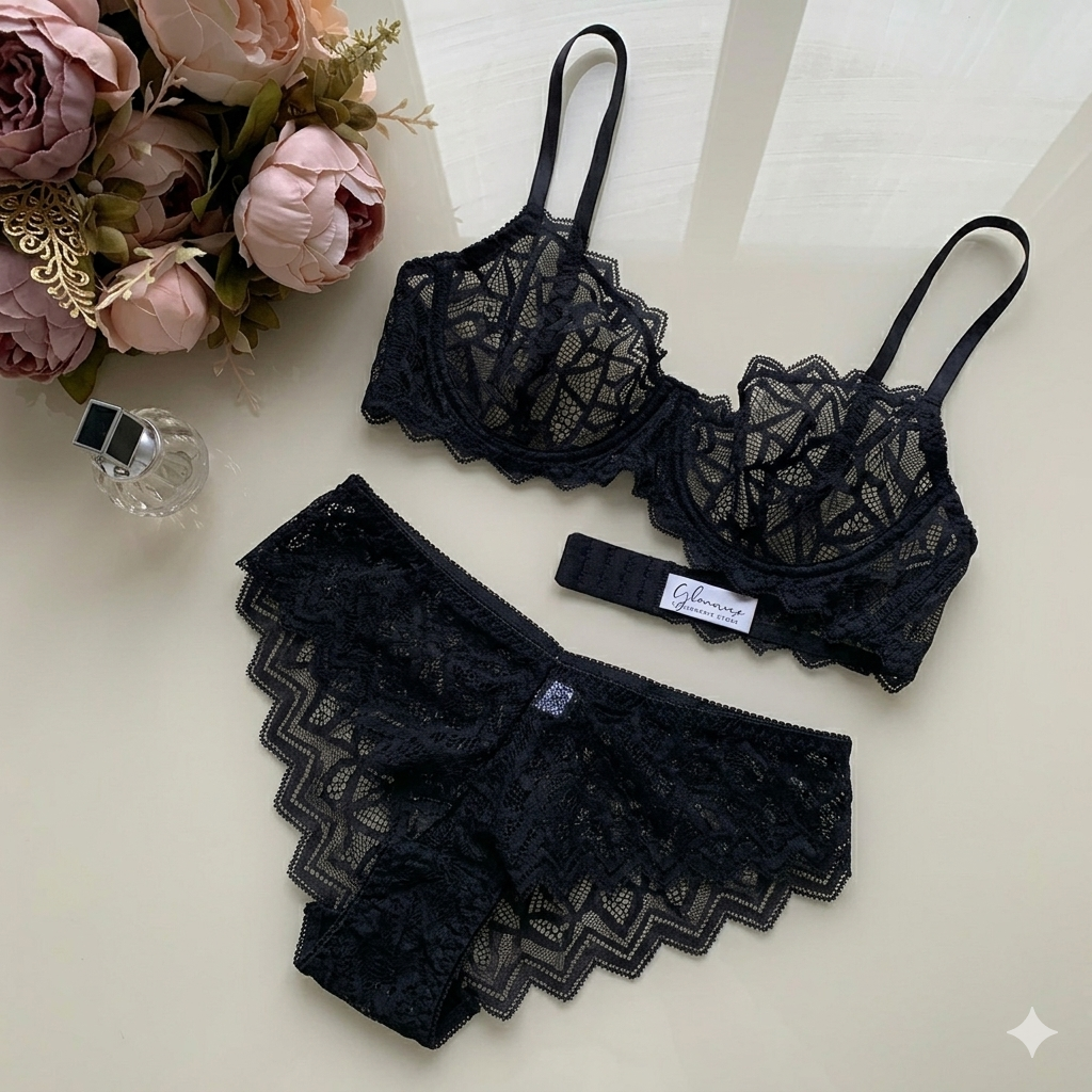 black geometric eyelash lace balconette set