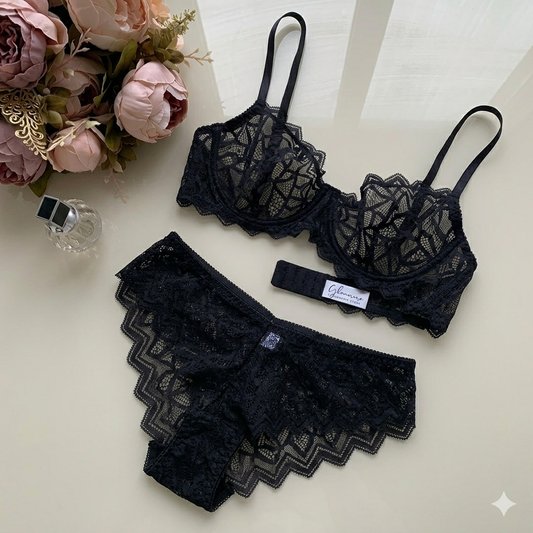 black geometric eyelash lace balconette set