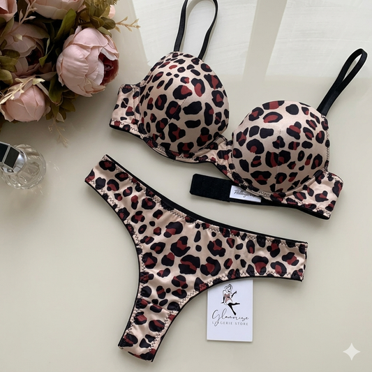 leopard print satin t-shirt bra set